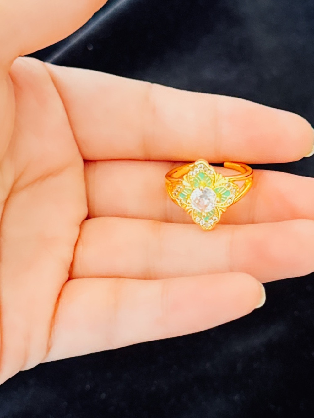 Gold Floral Accent Ring with Clear Center Stone - Women Jewelry